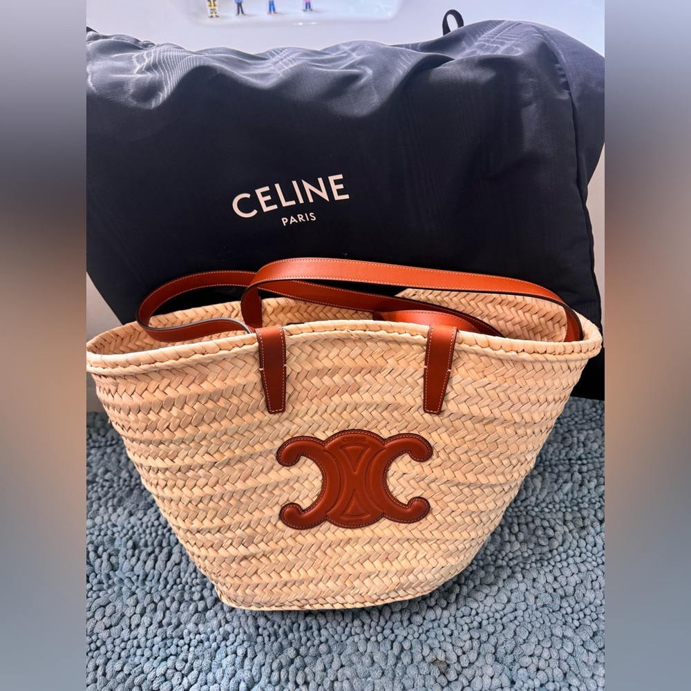 Celine Natural Woven Tote with Brown Leather
